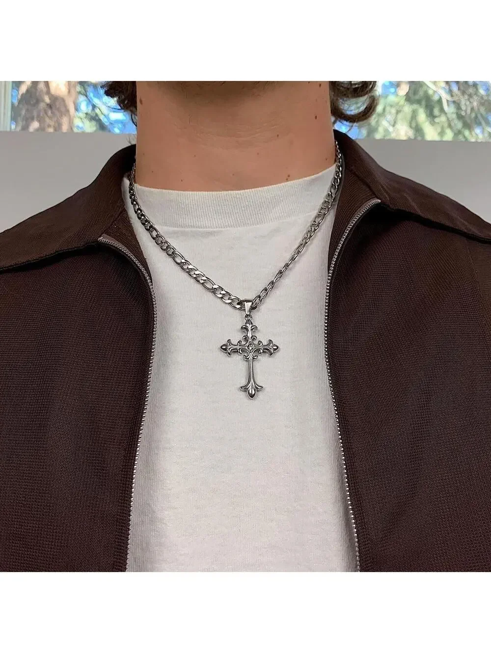 Y2k style Silver Figaro Big Gothic Rhinestone Cross Pendant Necklace. Stainless